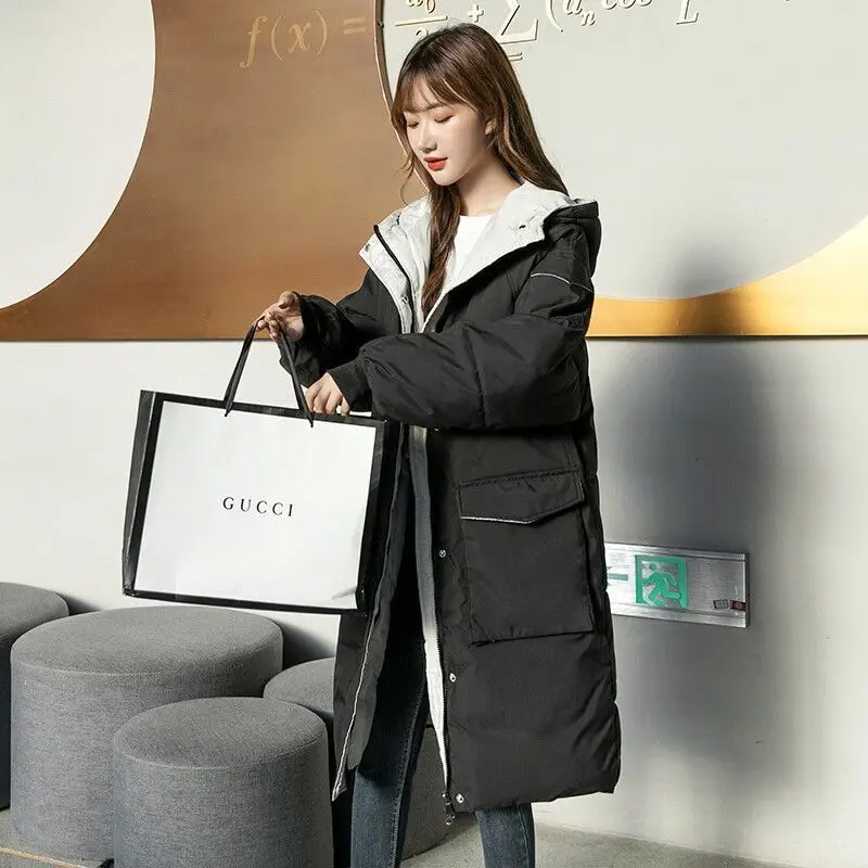 2025 New Women Cotton Coat Long Loose Korean Style Thick Over Knee Down Jacket Winter Warm