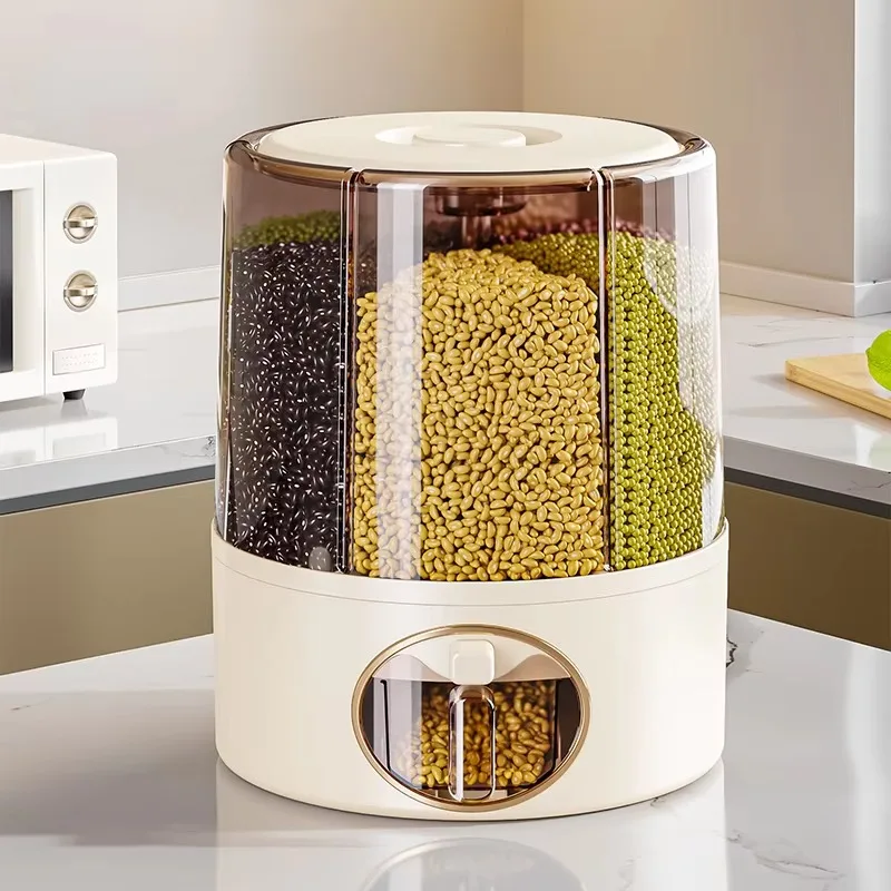 Rotatable 6-grid grain dispenser Kitchen grain storage container Insect-proof pressure grain dispenser