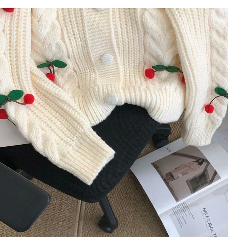 Women Cherry Sweater Cardigan Cute Cherries Pom Pom Cable Knit Button-Up Knit Coat Fall Winter Korean Kawaii Sweet Outfit
