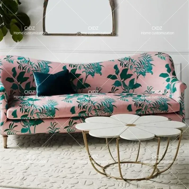 Medieval Oil Painting Style Fabric Sofa Retro Living Room Printed Three Seater Pastoral Sense Couch