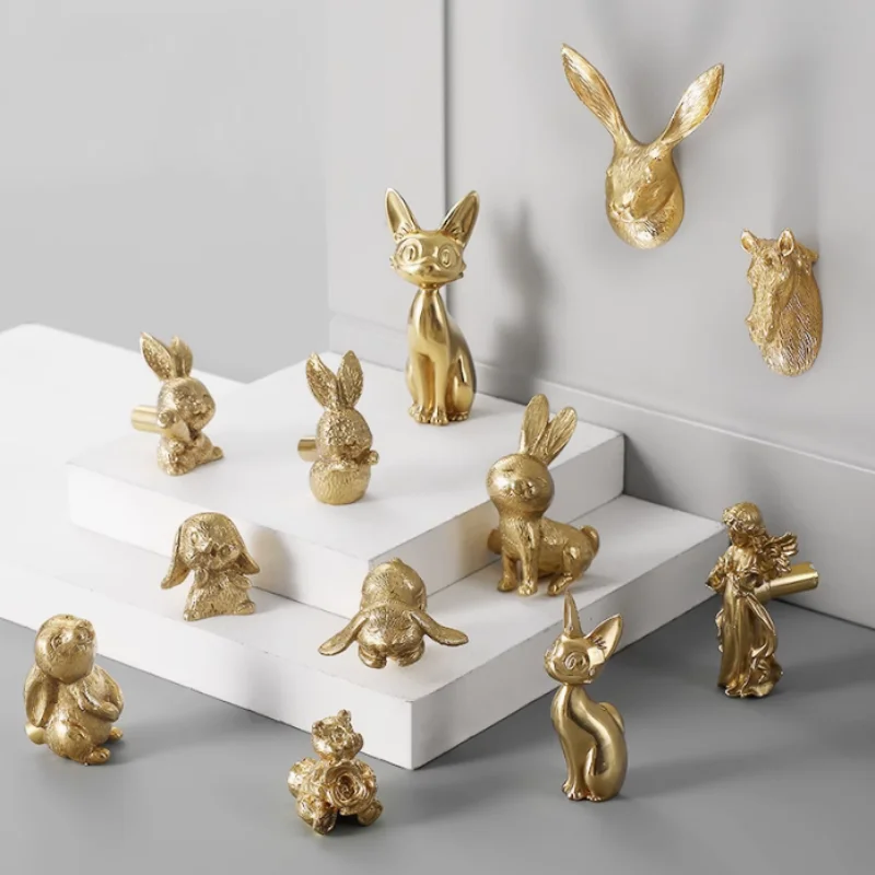 Full Copper Furnitue Handle Single Hole Drawer Door Knob Gold Monkey Rabbit Shape Wardrobe Cupboard Cabinet Door Handles Pulls