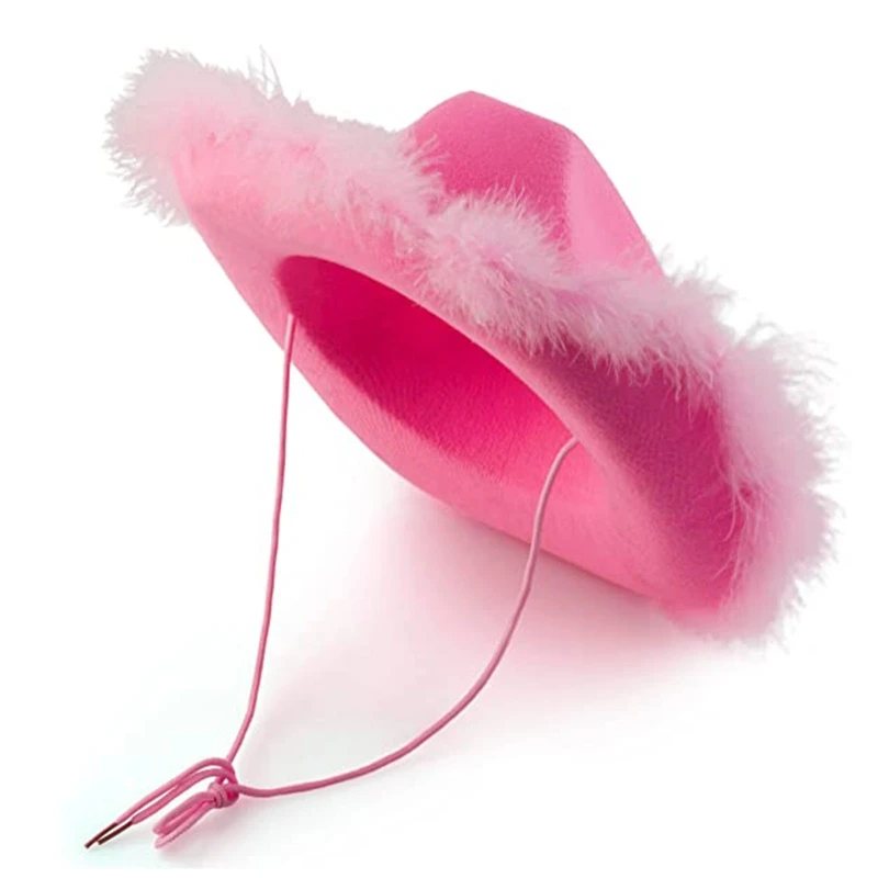 Sombrero de vaquero con ala de plumas esponjosas que combina con todo, sombrero de vaquera rosa para Mardi Gras Rave M6CD