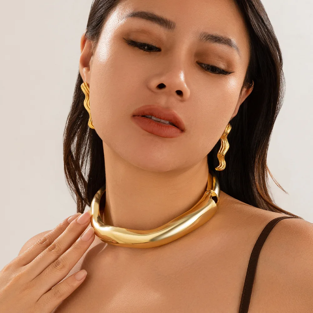 IngeSight.Z Exaggerated Irregular Smooth Metal Choker Necklace for Women Trend Punk Open Torques Necklace Lady Party Jewelry