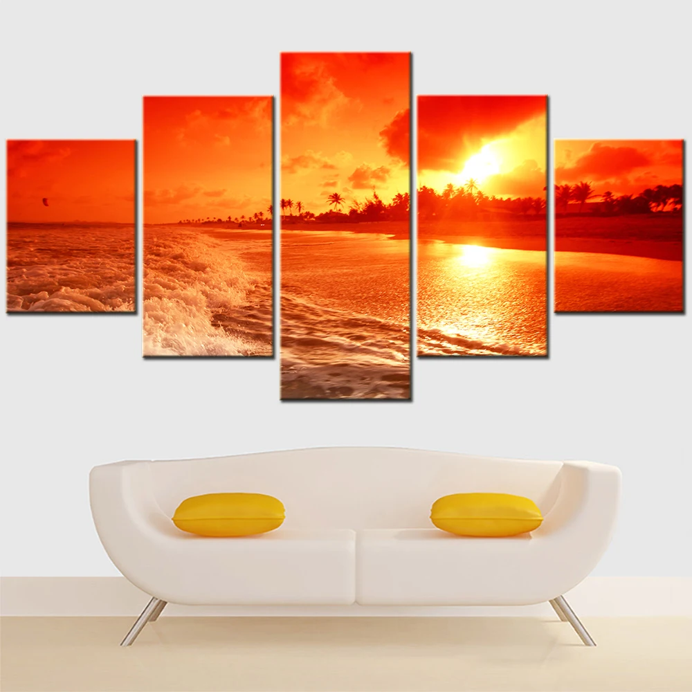 Modular HD Canvas Prints Posters Home Decor Wall Art Picture 5 Pieces Ocean Sunrise Golden Sky Painting Room Decoration Teenager