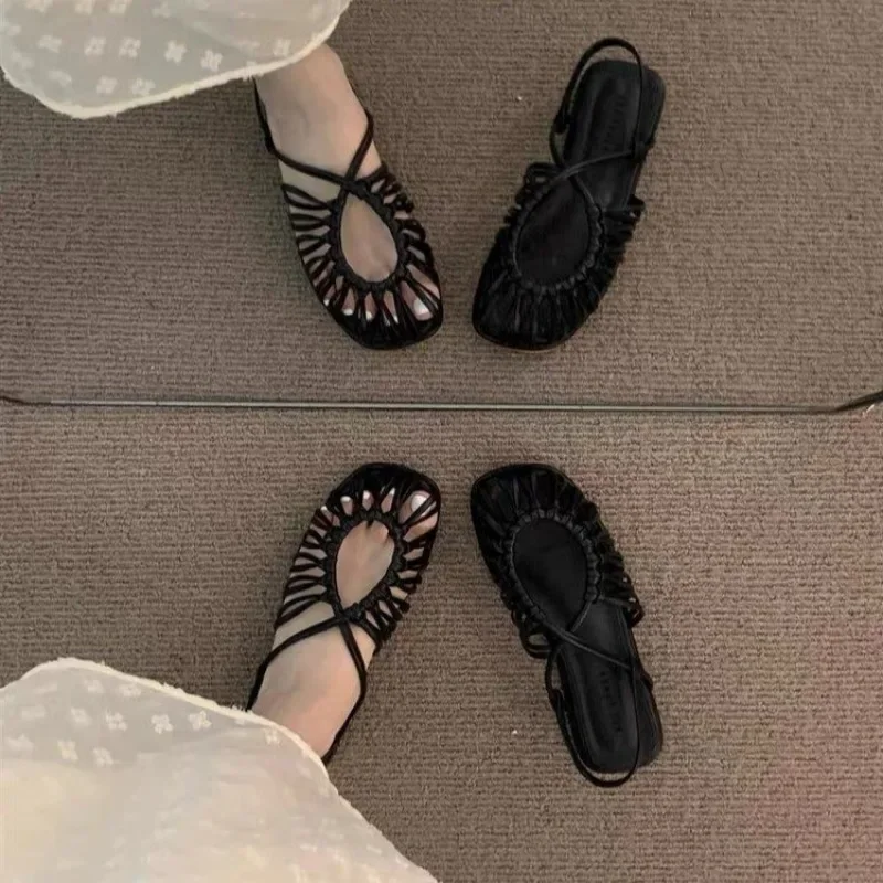 Sandal Wanita Buatan Tangan Retro Sandal Kulit Sapi Lembut Mewah Datar Sejuk Kepang Musim Panas Sepatu Wanita Sandalias De Mujer