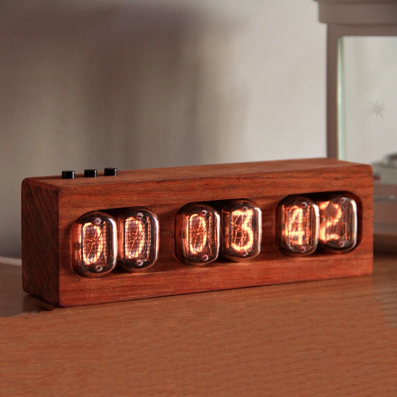 In12 Nixie Tube Clock Retro Zegar stołowy Drewno Czerwone palisander Elektroniczny pulpit Glow Tube Zegary Biurko Cyfrowy zegarek Pomysły na prezenty