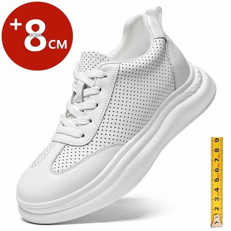 

Cowhide Hollow Sneakers for Men 8cm Invisible Height Increasing Shoes Summer Breathable Comfort Non Slip Outdoor Elevator Sports