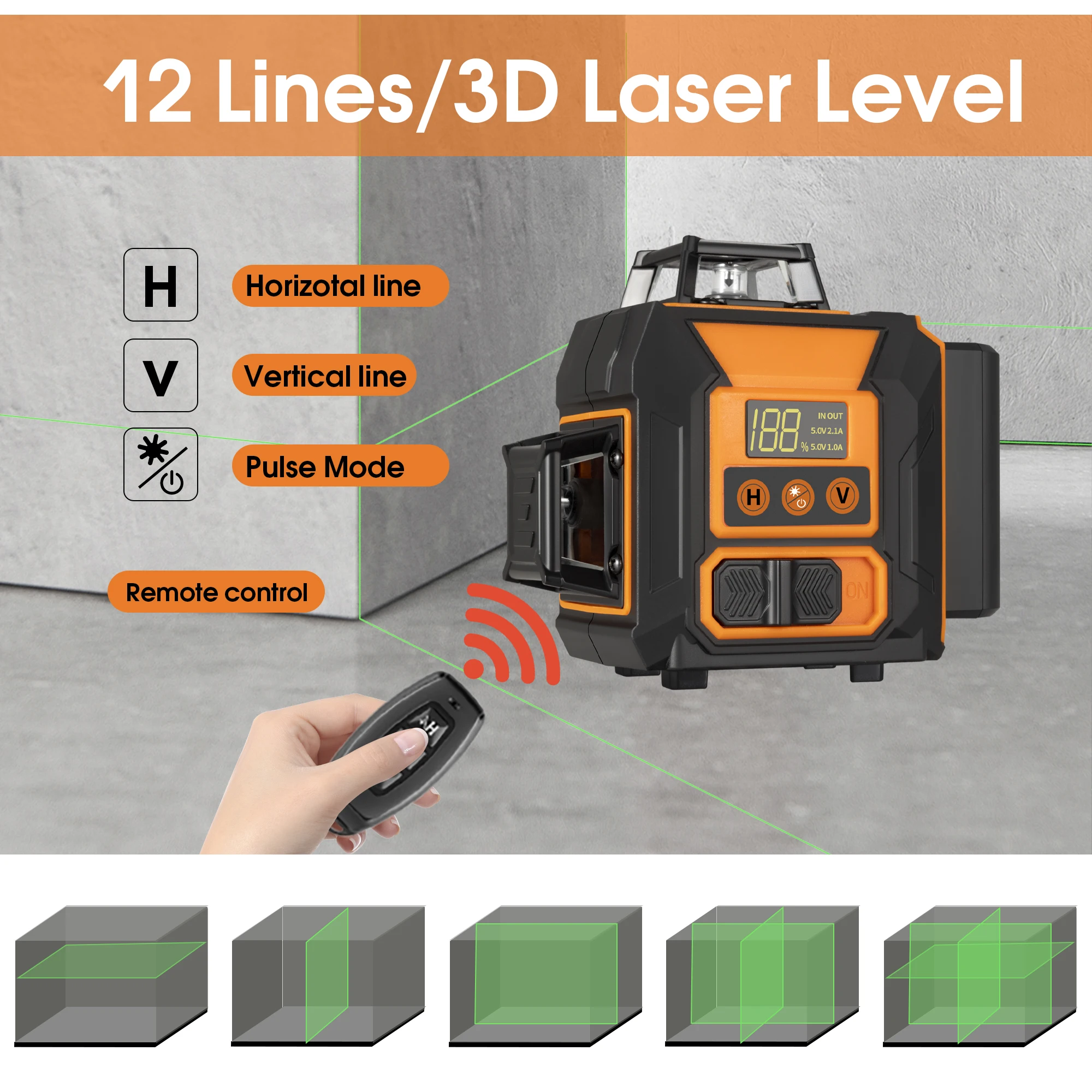 GZG 12-Line 3D Laser Level, Self-Leveling Rotary Laser, 360° Rotation, USB Rechargeable with Digital LCD Display