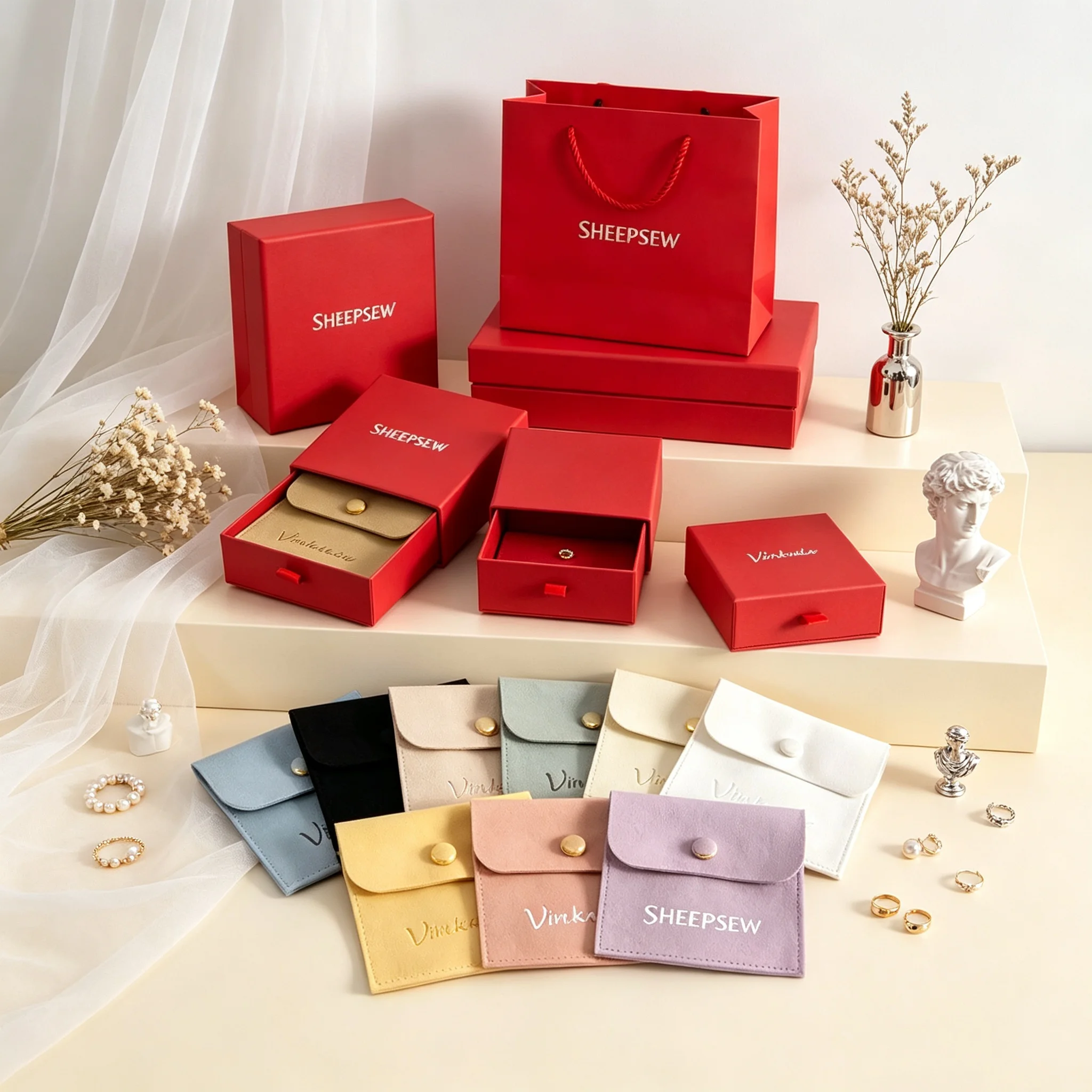 SHEEPSEW Luxury Custom Logo Sliding Drawer Jewelry Box Set, 7x9x3cm Bracelet Necklace Ring Earring Packaging Case with 6x6cm Mic