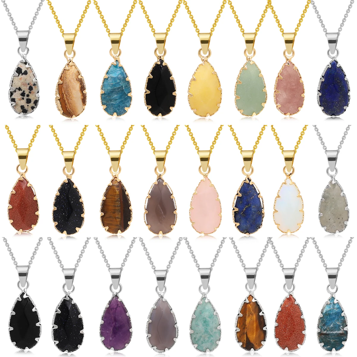 Natural Crystal Pendant Necklace, Rose Quartz Gold-plated Silver Teardrop Pendant, Jewelry Necklace Accessory Teardrop Shape