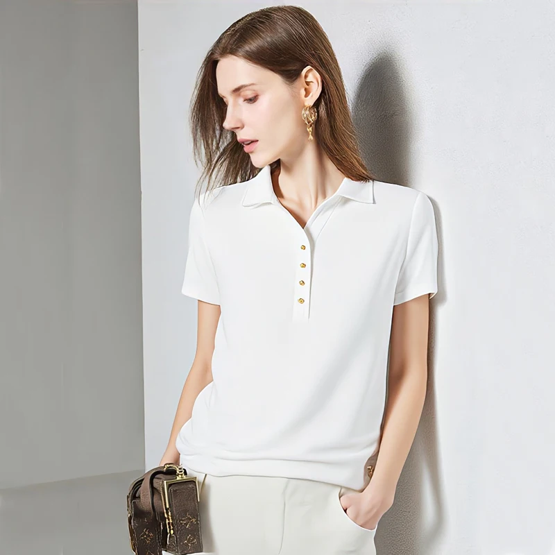 

Elegant Women's Polo Collar T-shirt Top Summer Casual Daily knitted Pullover Woman Fashion Short Sleeve Tee