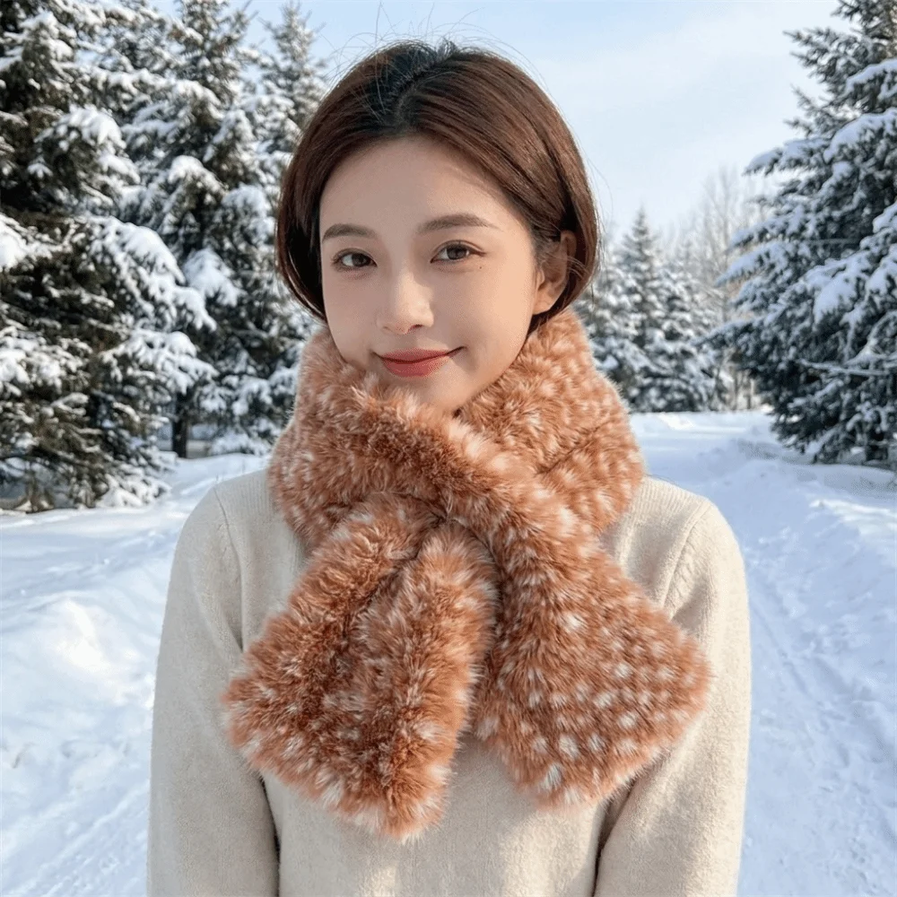 Thick Warm Deer Patterned Faux Fur Scarf Soft Fluffy Faux Mink Fur Cross-tie Scarf Luxury Thermal Comfortable Fit