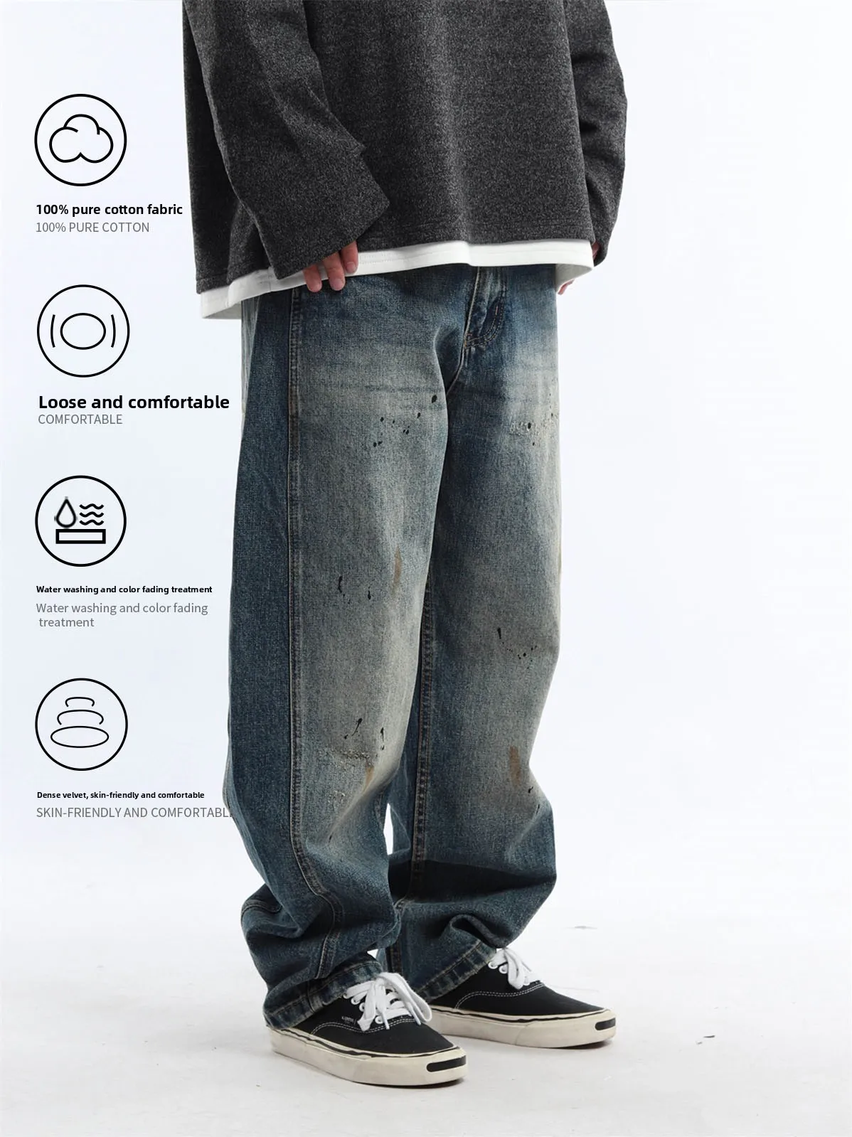 Retro Washed Casual Loose Jeans Men Women Long Pants Unisex Comfortable Breathable Cotton Straight Leg Loose Fit Trousers