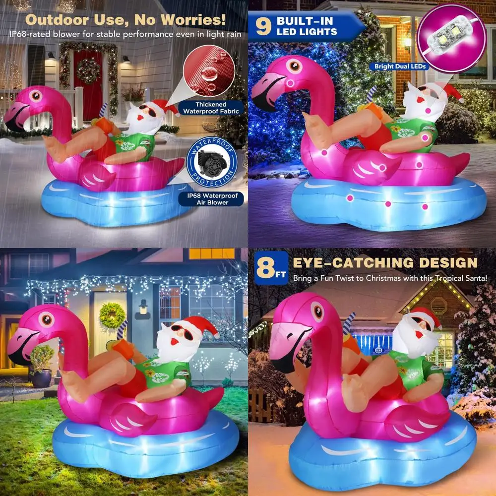 

8 Foot Tall Hawaiian-Themed Santa on Flamingo Inflatable Pool Float - Outdoor Christmas Decoration for Lawn and Garden