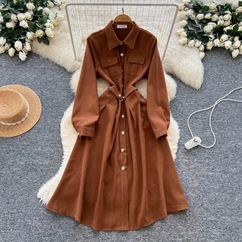 เดรสเชิ้ตกระดุมแถวเดียวสำหรับผู้หญิง สีพื้น ฤดูใบไม้ผลิ ฤดูใบไม้ร่วง ชุดเดรสสไตล์เกาหลี แฟชั่นหวานๆ ย้อนยุค ชุดเดรสยาว