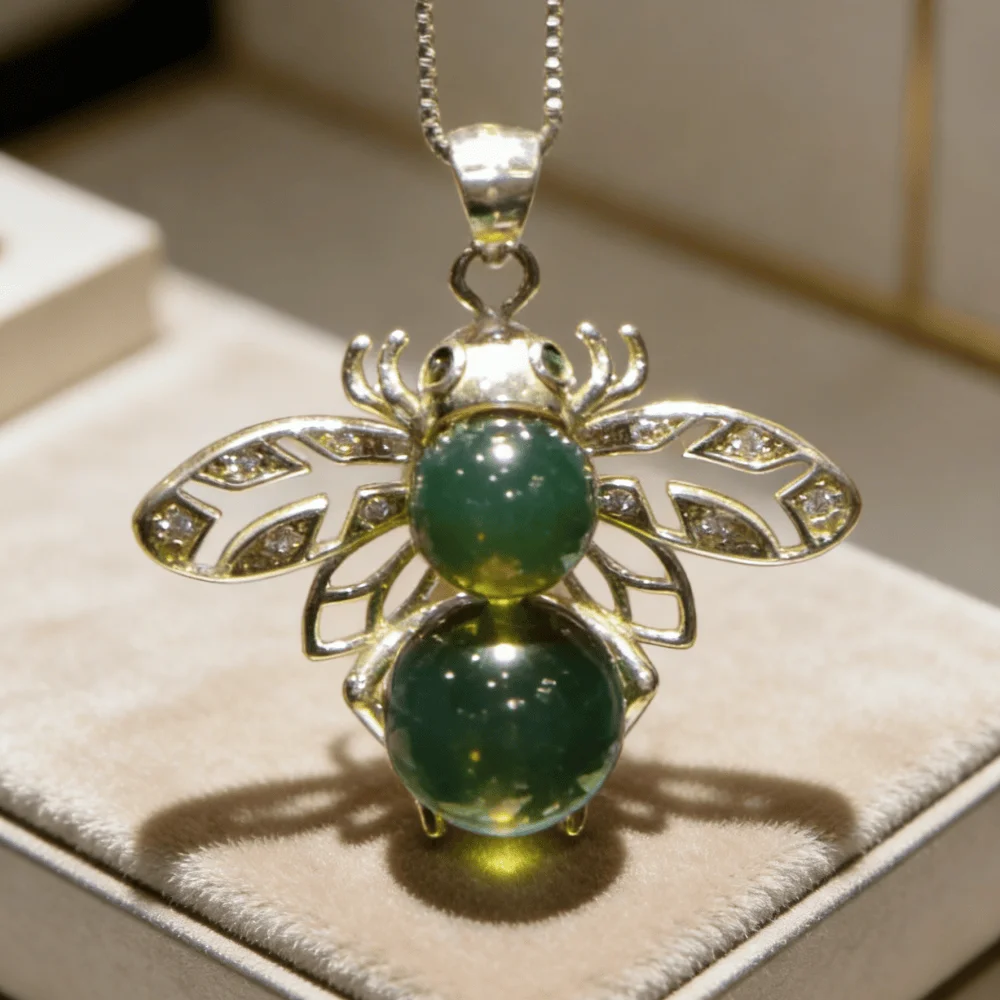

925 Sterling Silver Bee Pendant Mexican Blue Amber Jewelry 8mm 9mm Round Bead Cute Natural Sweet Design