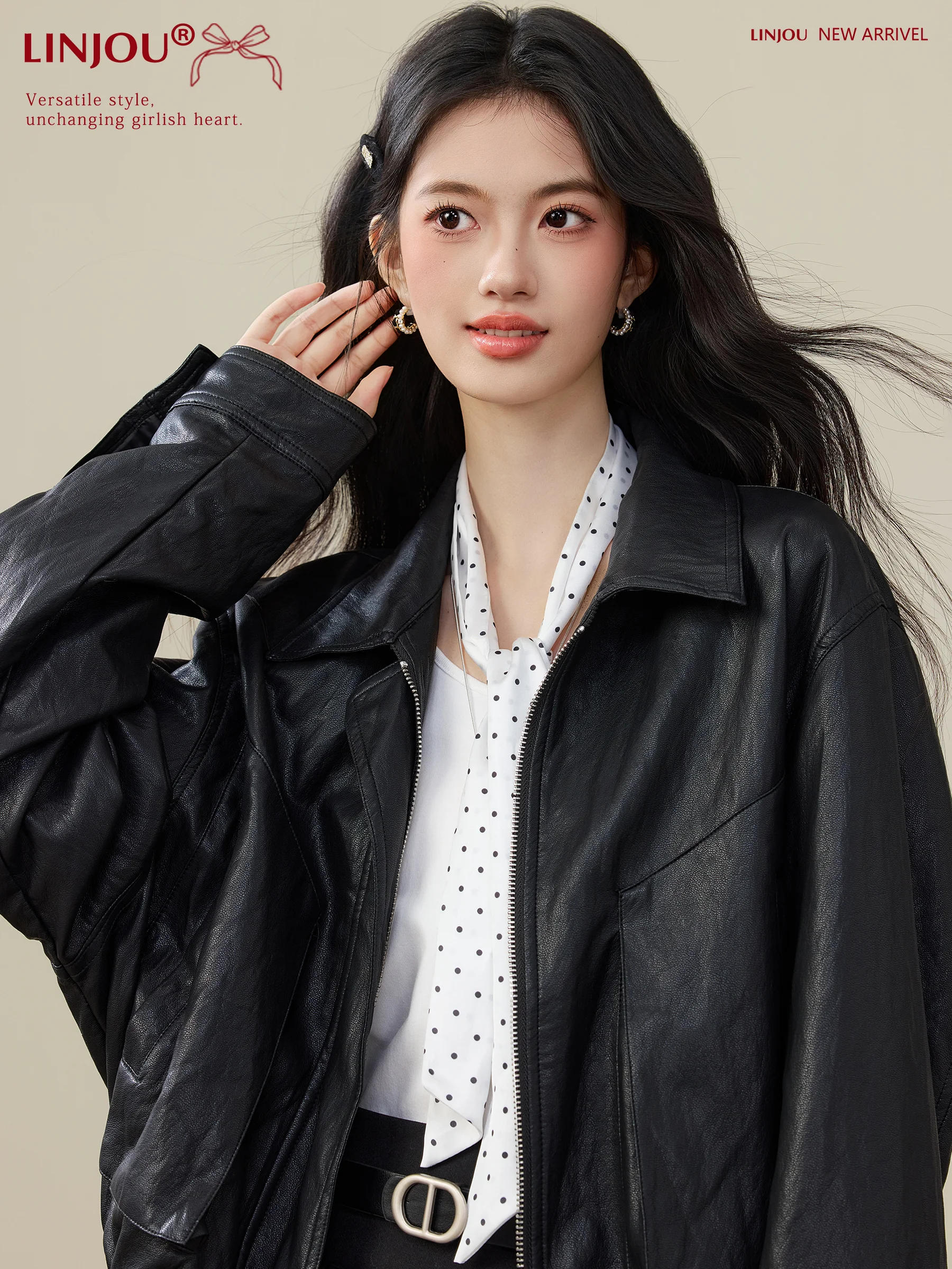 Lingjiu アメリカンレトロブラックショートレザージャケット女性の秋冬デザインセンスショートコートトップカジュアルスタイルルーズフィット