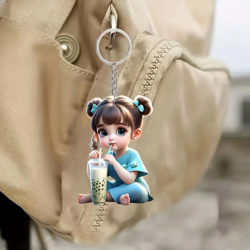 1 Cute Acrylic Girl Keychain, 2D Flat, Holiday Gift, Backpack Accessories, Key Decoration, Car Decoration, Keychain, Pendant image 4