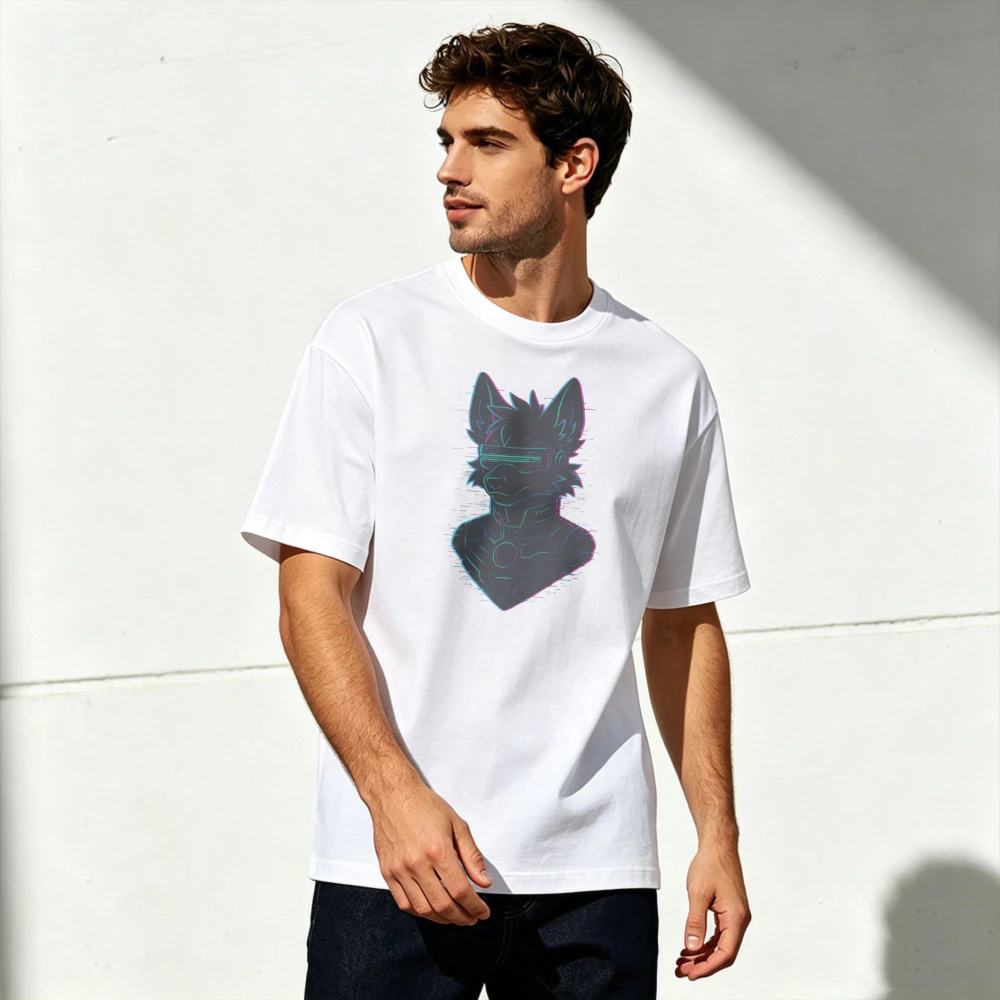 Punk Anthro Wolf Summer Men Cotton Crew Neck T-Shirts Neon Glitch Line Art Canine Graphic Futuristic Furry Daily Casual Tee