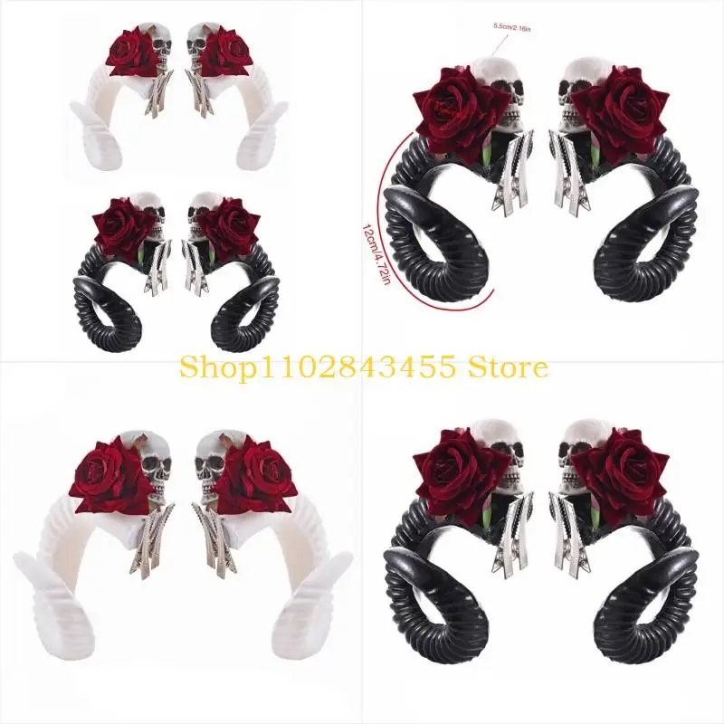 

49MC Halloween Hairclips Rose Horn Headpins Resin Headdress Cosplay Costume Barrette for Women Girls Festival Party Hair Accs