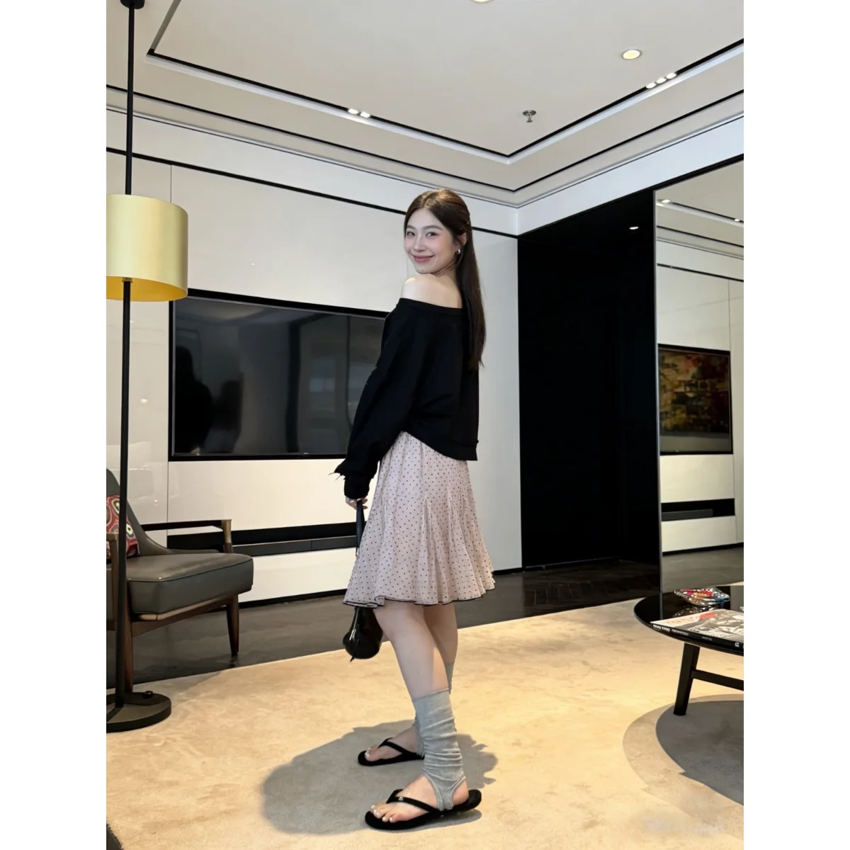 

Spring 2026 Mid-length A-line f Skirt Women's Polka Dot Versatile Slimming oulder-baring Top Faionable Two-piece Set