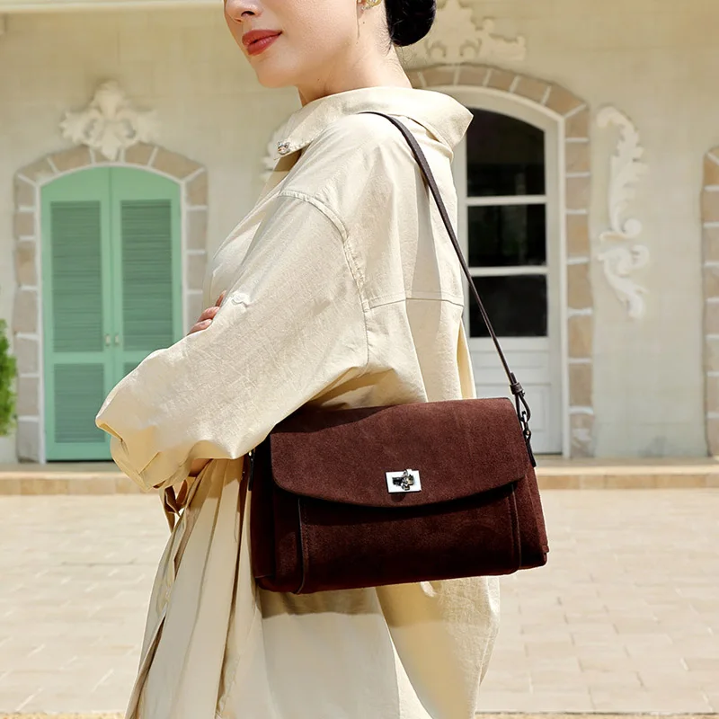 Elegant Women Suede Split Leather Flap Messenger Bag Minimalist Timeless Shoulder Bags Chic Lady Versatile Crossbody Handbag