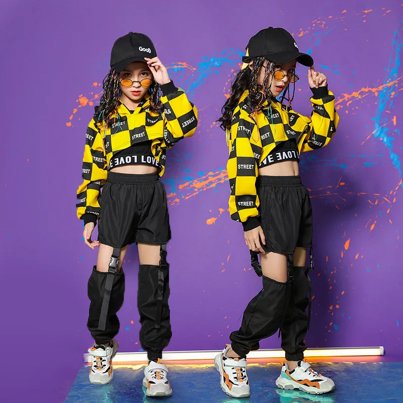 Hip Hop Girls Clothing Yellow Checkerboard Tops Hip Hop Hollow out Pants For Kids Performance Jazz Modern Dancing Costume