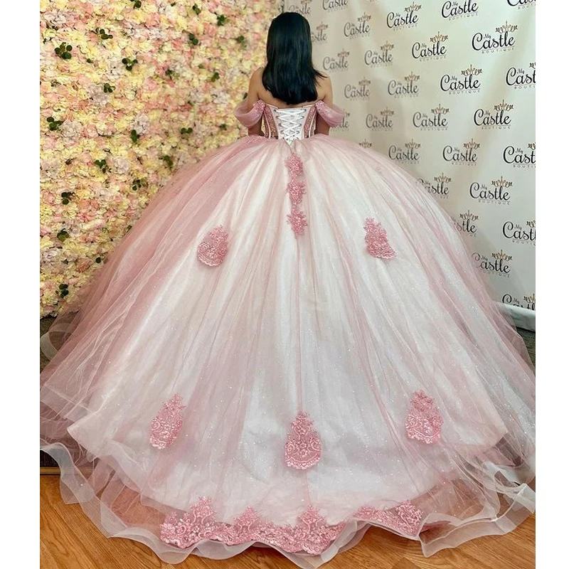 Vestido De novia De tul rosa, vestido para quinceañeras con hombros descubiertos, vestido De baile con apliques De encaje, desfile De cumpleaños, dulce 15