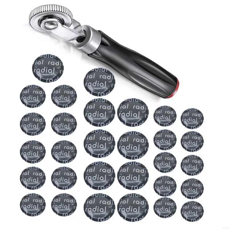 31Pcs Tire Repair with Steel Roller & Rubber Patches Puncture Repair for Car Motorcycle SUV Truck Tire Puncture Fix D7YA
