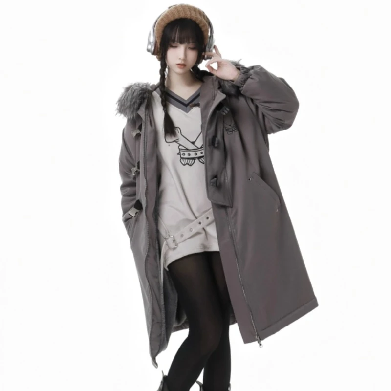 Ropa japonesa Premium gris de estrella media larga, conjunto de Parkas finas con hebilla adhesiva, ropa de invierno de un solo pecho, chaqueta con capucha para mujer