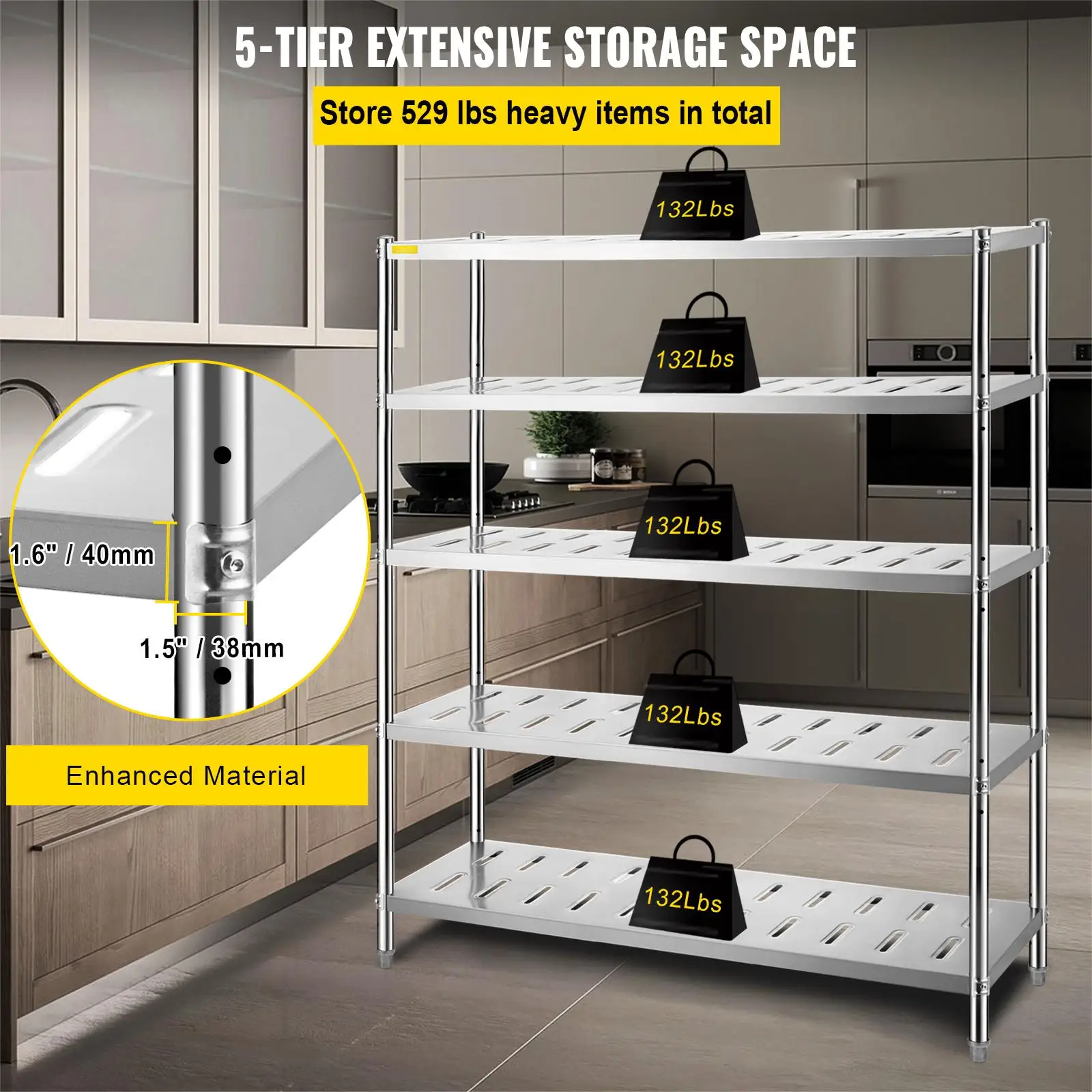 VEVOR 5-Tier Storage Shelf, Stainless Steel Garage Shelf, 59.1 x 17.7 x 70.9 inch Heavy Duty Storage Shelving, with Vent Holes