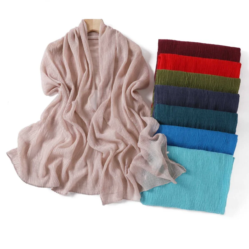 Solid Color Voile Cotton and Linen Pleated Scarf Polyester Crumpled Lightweight Breathable Headcloth Women's Shawl