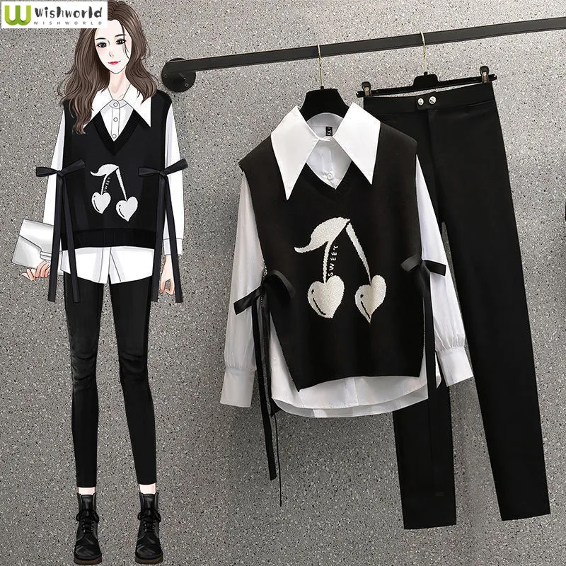 Large Spring and Autumn 2023 New Slim Fashion Sweater Vest White Shirt Casual Pants Three Piece Set Women\'s Suit