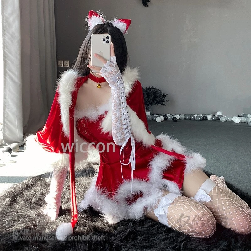 أنيمي عيد الميلاد زي الهالوين التأثيري Kawaii خادمة فستان لوليتا النساء الفتيات كرنفال فستان سهرة بدلة حمراء عباءة قبعة جديد