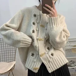 Spliced Single Breasted Knitted Print Sweater O Neck Loose Fit Button Cardigan Jumpers Women Autumn Casual Button Sweaters