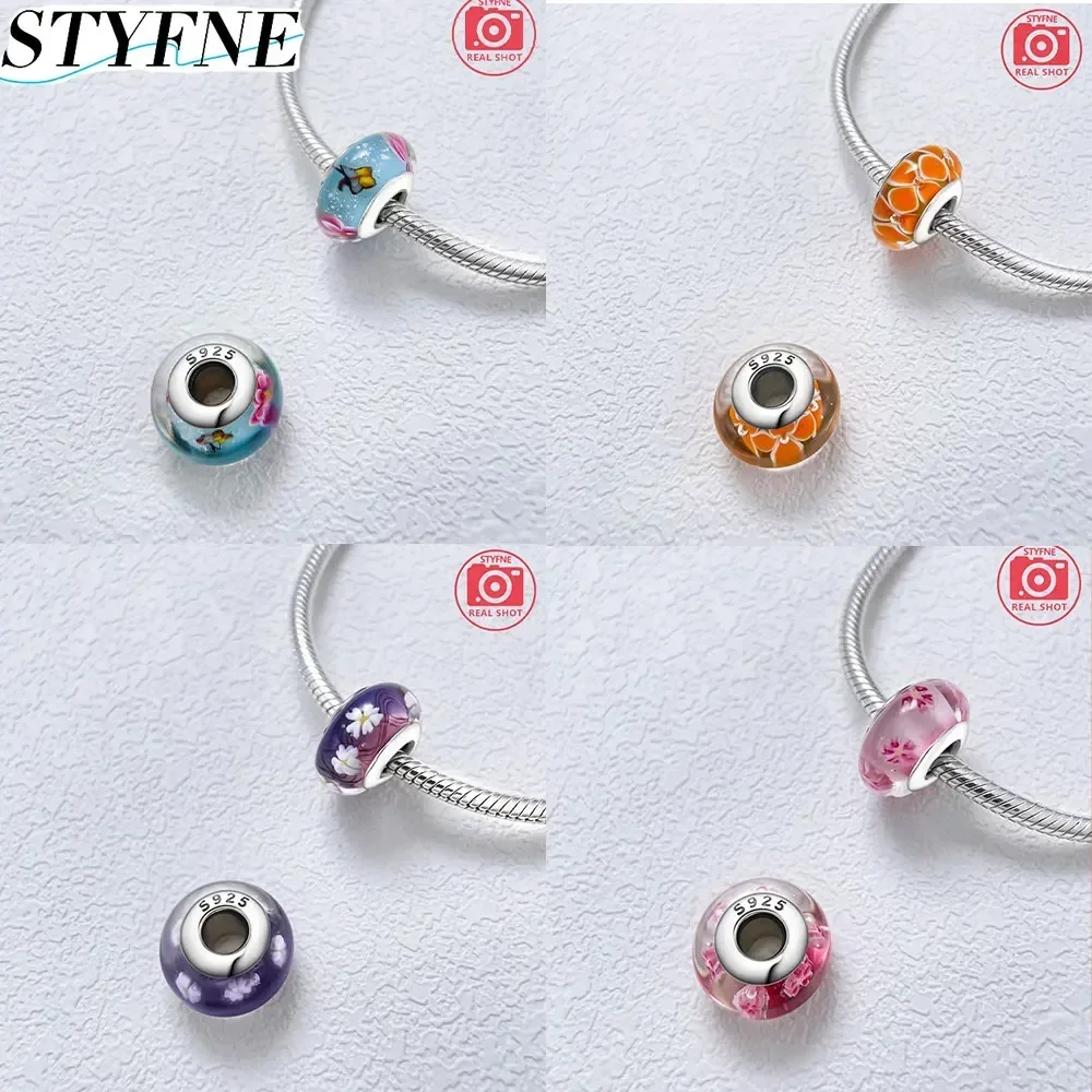 New Sterling Silver 925 Shiny Glowing Cute Pink Flowers Murano Original Glass Bead Original Bracelet DIY Fashion Women\'s Jewelry