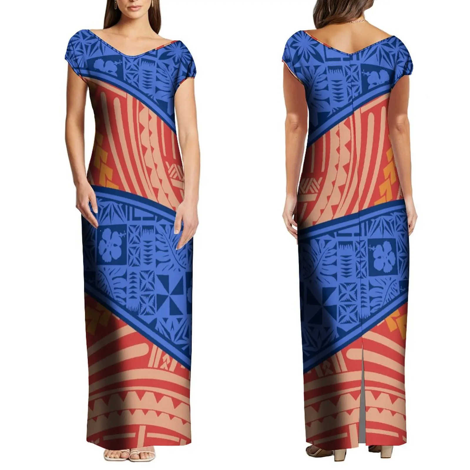 Party Date Atmosphere Dress Temperament V-Neck Slim-Fit Waist Women'S Maxi Polynesian Print Custom Design