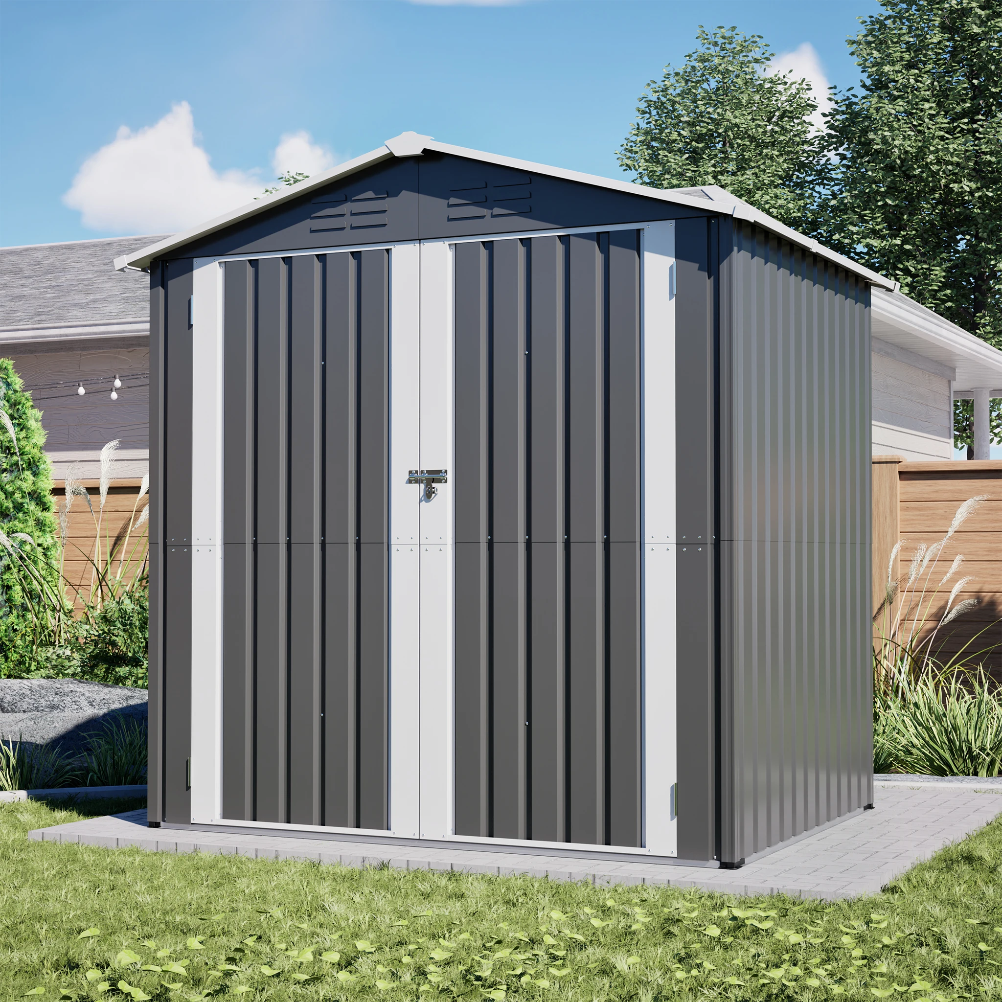 Capanno da giardino in metallo 6x5FT con base e struttura, capanno per esterni con doppie porte a serratura, capanno per attrezzi in acciaio zincato con prese d'aria per il cortile
