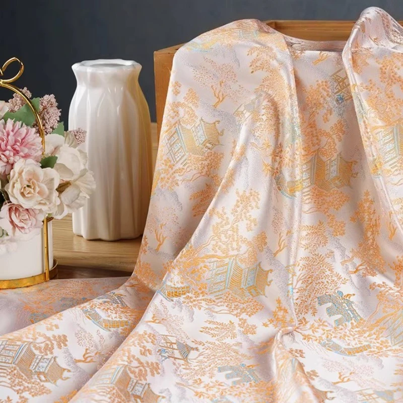 Chinese Style Riverside Scene Silk Brocade Fabric Handmade Home Garden Jacquard Song Dynasty Qipao Fashion Crafts Materials
