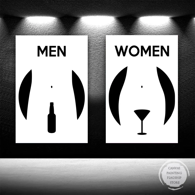 Toilet Men and Women Sign Logo Funny Bathroom Rules Black White Canvas Painting Humour Posters Prints Toilet Room Wall Art Decor