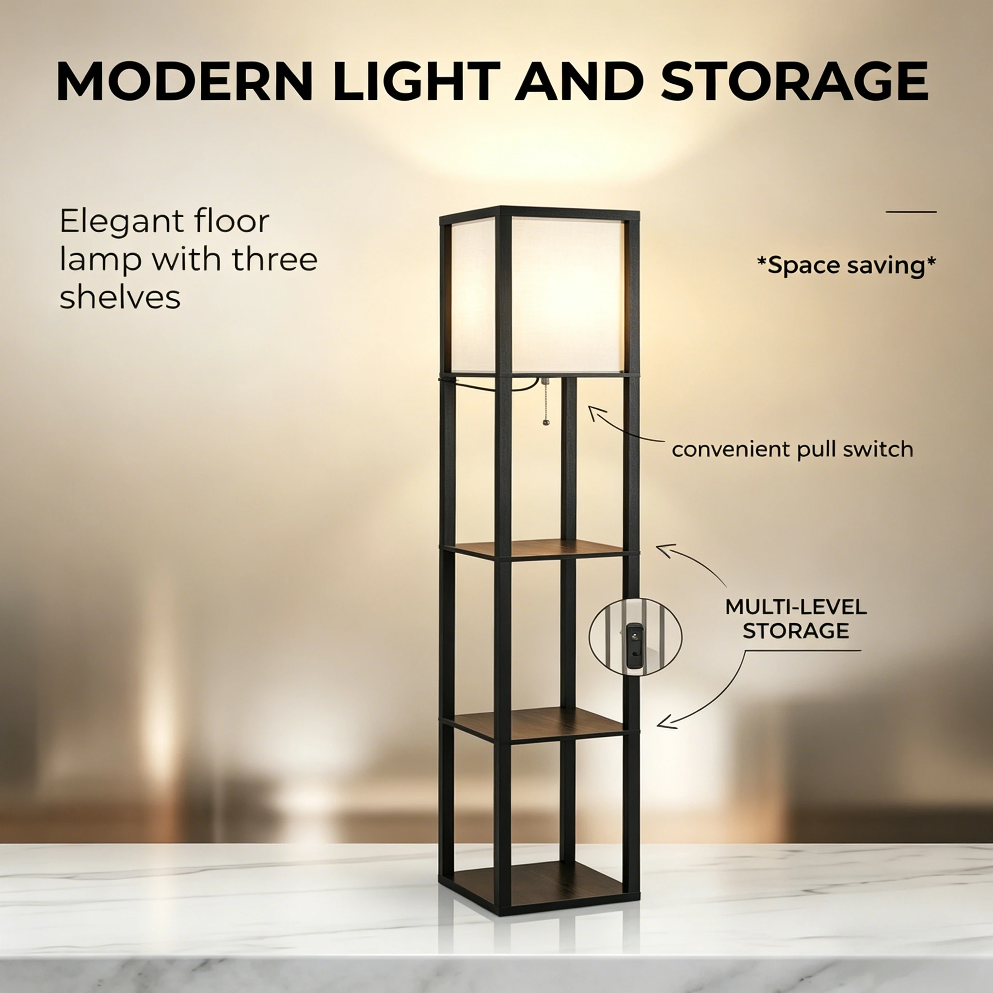 Multi-functional Floor Lamp with 3 Storage Shelves Linen Shade Standing Light for Living Room Bedroom Study