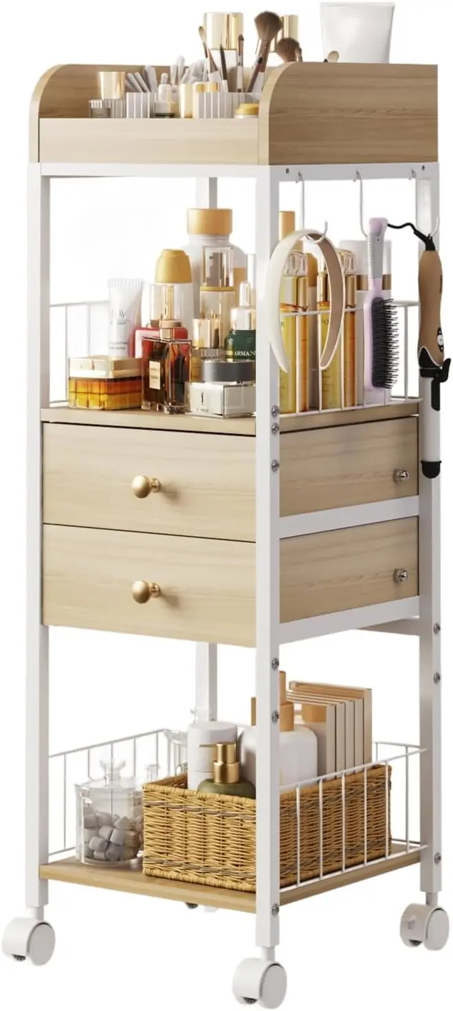 

Makeup Organizer Cart, Rolling Floor Skincare Organizer and Storage with 2 Wooden Drawers, Cosmetics Display Cases Holder