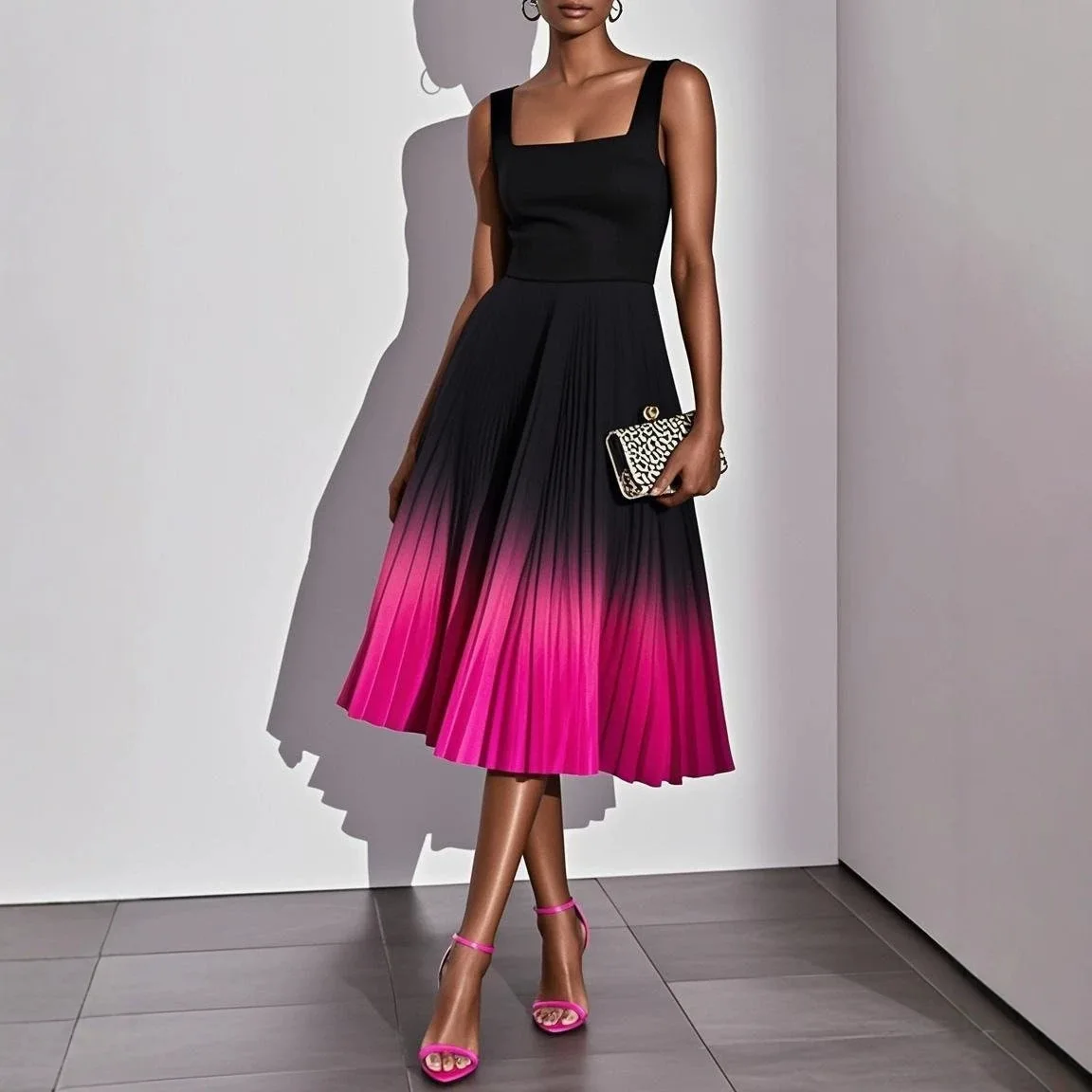 Women Square Neck Sleeveless Midi Dress Ombre Gradient Pleated A‑Line Flare Skirt Cocktail Party Dresses