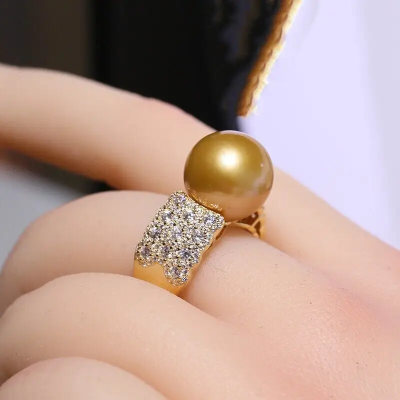 Huge AAAAA 11-12mm Genuine Natural South Sea Golden Round Pearl Ring