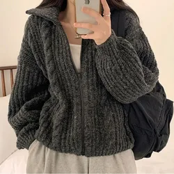 Black Thickened Short Knitted Cardigan Women TurtleNeck Fall Winter Korean Long Sleeve Loose Sweater Outerwear 6 Colors