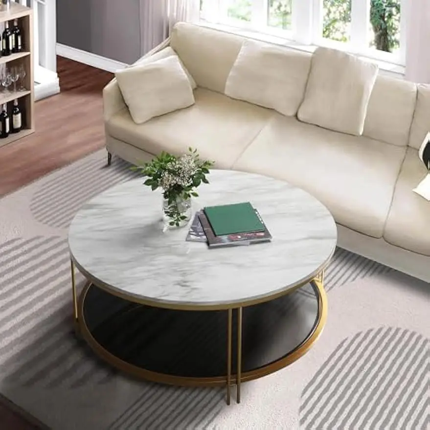 

Round Coffee Table, Gold Coffee Tables with Marble Print Top, 2-Tier, 36-Inch