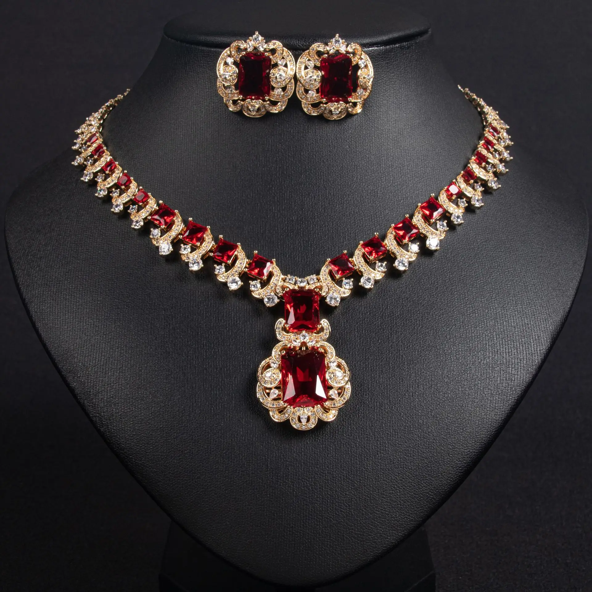 Summer Hundred Dress Accessories Luxury High Charming Ladies Zirconia Jewellery Necklace Earrings Set Party Wedding Dinner M-357