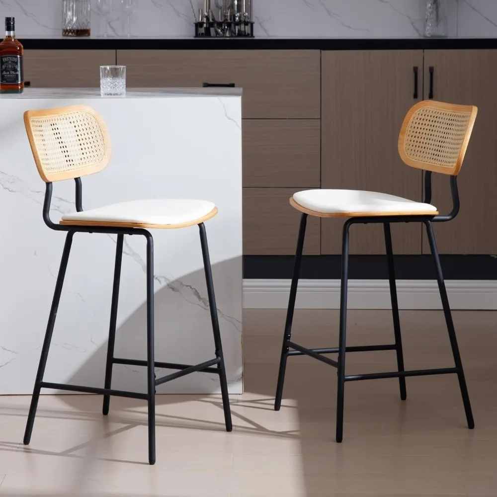 ชุดเก้าอี้บาร์ทันสมัย 2 ตัว, เก้าอี้บาร์สูง 26 นิ้ว พร้อมพนักพิงหวาย, เก้าอี้ครัวหุ้มหนัง PU พร้อมโครงโลหะสีดำ