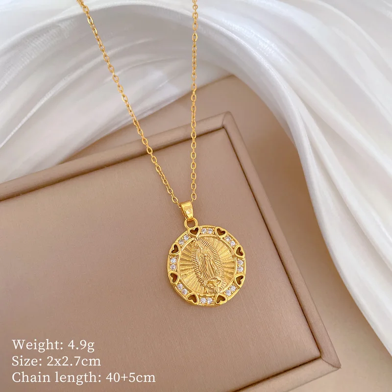 الفاخرة الجوف القلب الزركون مريم العذراء قلادة مستديرة قلادة للنساء الفتيات الفولاذ المقاوم للصدأ سلسلة الذهب اللون مجوهرات هدايا #5