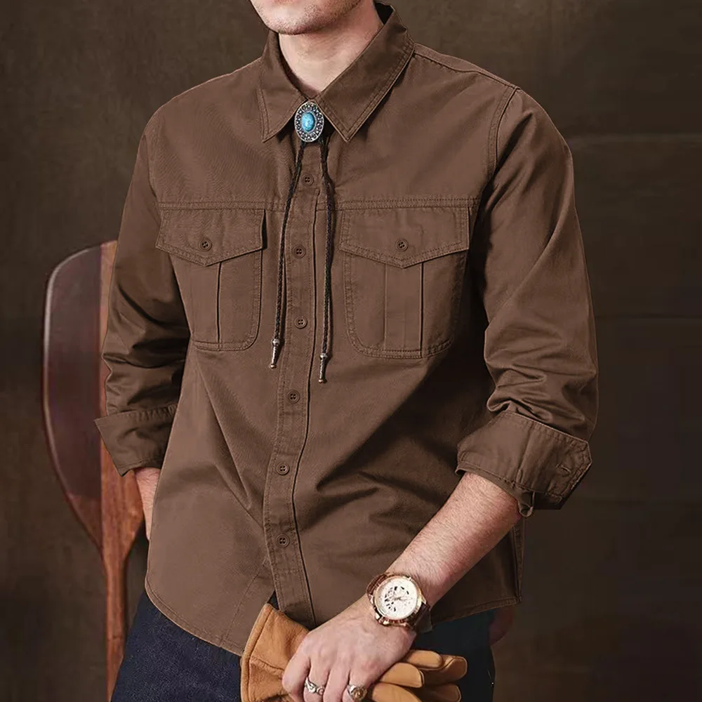 Men's Cotton Cargo Work Shirt Spring Autumn Long Sleeve Button Down Casual Workwear Tops With Multi-Pockets